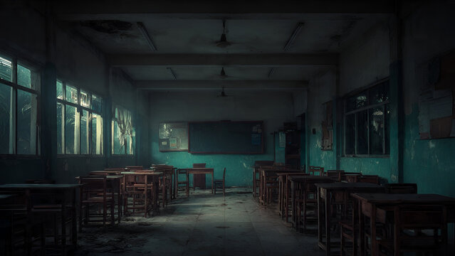 Spooky Abandoned Classroom with Old Wooden Desks and Blackboard