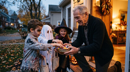 Obraz premium Friendly senior man handing out Halloween candy to happy children on decorated porch