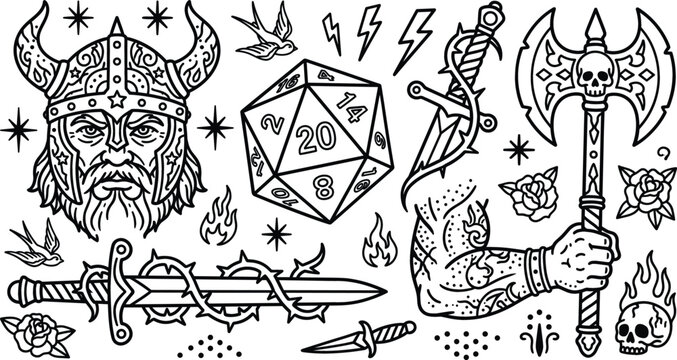 Fantasy warrior and tabletop roleplay flash tattoo line icon set featuring viking d20 dice weapons and skulls