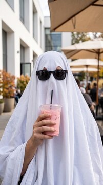 Person in a funny ghost costume with sunglasses drinking an iced pink beverage at an outdoor cafe.