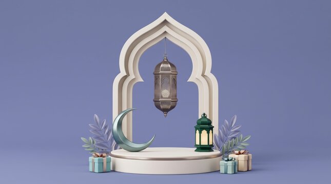 Islamic lantern and crescent moon on decorative platform with gifts