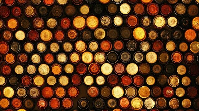 Background pattern of stacked colorful wine cork ends in warm amber tones, creating a textured abstract design