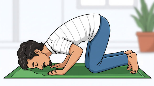 Young Muslim Man Performing Sujood Prostration Praying Salah Vector Illustration