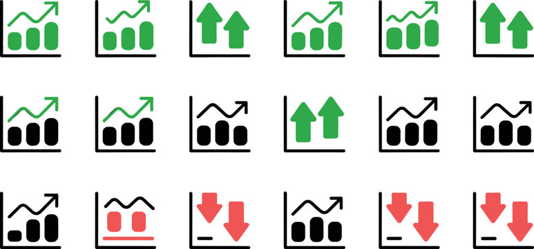 Financial Market Trend Vector Icon Set Featuring Green Growth Graphs Rising Arrows And Red Loss Indicators For Business Infographic Presentation Layout Designs