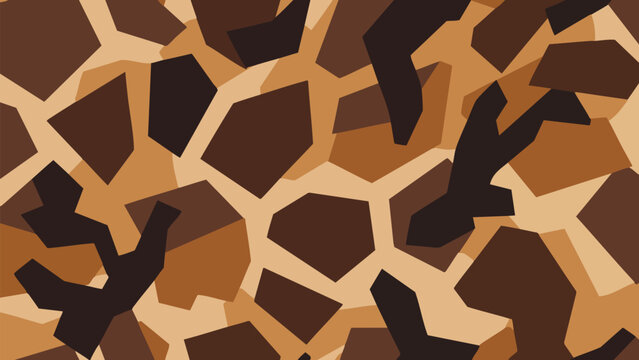 Flat Mosaic Style Camouflage Pattern Featuring Dense Irregular Polygon Shapes in Contrasting Brown and Black Tones