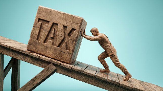 Person pushing heavy tax block on a seesaw