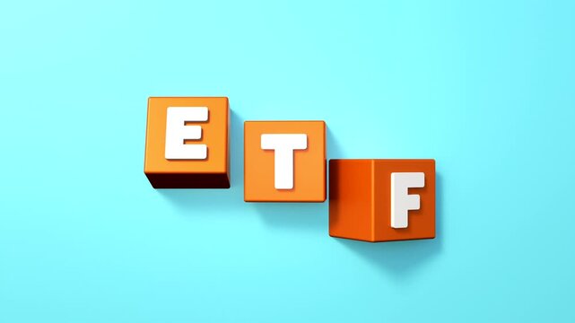 ETF exchange-traded fund symbol on orange colored cubes. Investment fund, stock basket, equity, wealth, global business.
