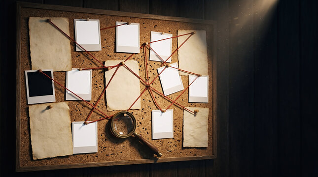 Detective cork board with pinned photographs and string evidence map in dark