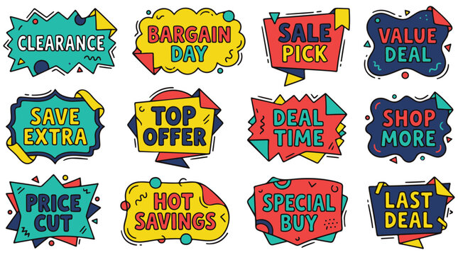 Vector sale badge collection with promotional discount stickers and clearance offer labels for retail shopping