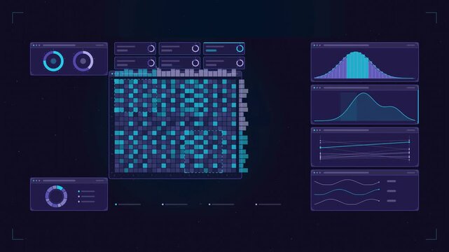 Abstract animated connection matrix dense blocks drawn as blue and cyan lines and shapes on a deep dark background. Seamless looping 4K motion graphics video with free space for text, ideal for techno