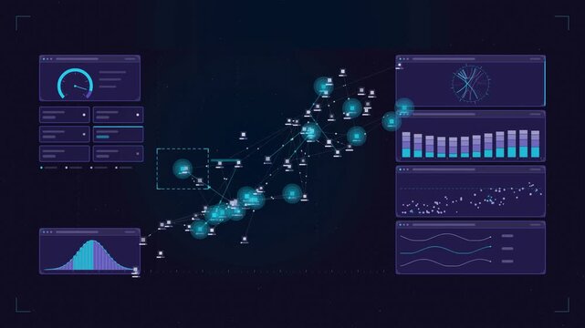 Abstract animated peer to peer swarm drawn as blue and cyan lines and shapes on a deep dark background. Seamless looping 4K motion graphics video with free space for text, ideal for technology explain
