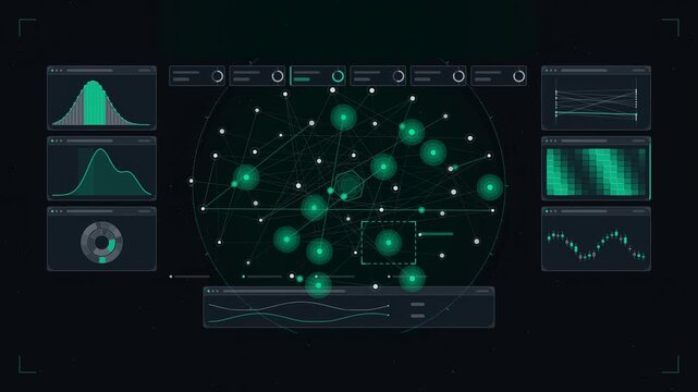 Abstract animated node network activity pulsing drawn as cyan and teal lines and shapes on a deep dark background. Seamless looping 4K motion graphics video with free space for text, ideal for technol