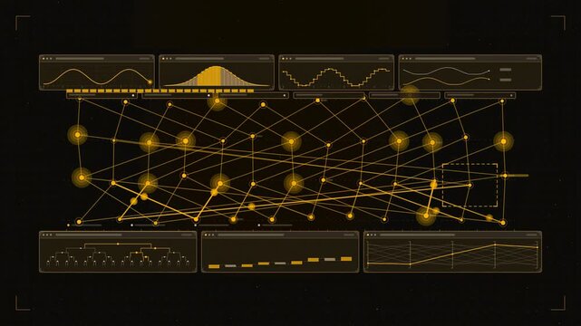 Abstract animated graph traversal edges highlighting drawn as amber and orange lines and shapes on a deep dark background. Seamless looping 4K motion graphics video with free space for text, ideal for