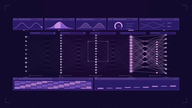 Abstract animated neural connections signal crossing drawn as violet and blue lines and shapes on a deep dark background. Seamless looping 4K motion graphics video with free space for text, ideal for 