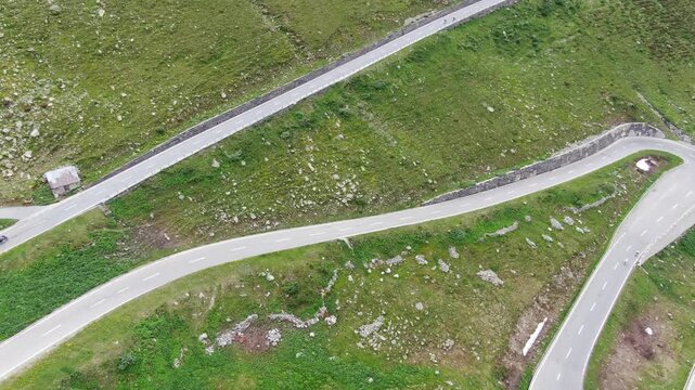 Aerial view of hairpin bends on the Nufenen Pass mountain drone shot