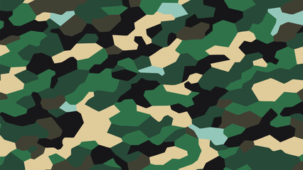 Fototapeta premium Tactical Woodland Camouflage Pattern Featuring Interlocking Polygon Shapes in Natural Green Beige Black and Brown Tones