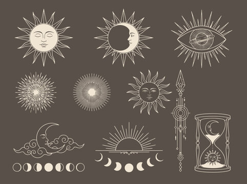 Mystical Celestial Symbols Set with Sun Moon Eye and Hourglass Vintage Line Art Illustrations for Astrology and Tarot Designs
