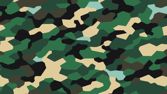 Tactical Woodland Camouflage Pattern Featuring Interlocking Polygon Shapes in Natural Green Beige Black and Brown Tones