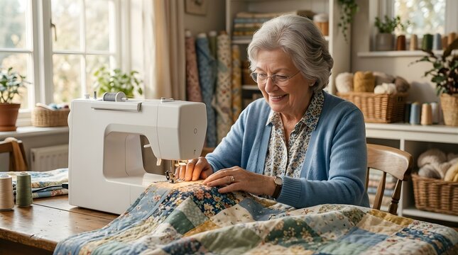 Elderly woman sewing a floral patchwork quilt on a modern machine
