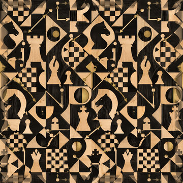 Abstract chess pattern with geometric wooden textures, artistic chessboard collage in black and tan, decorative chess piece mosaic for interior design