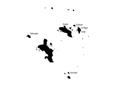 Seychelles Islands Silhouette Map with Labels including Mah&eacute;, Praslin, and La Digue