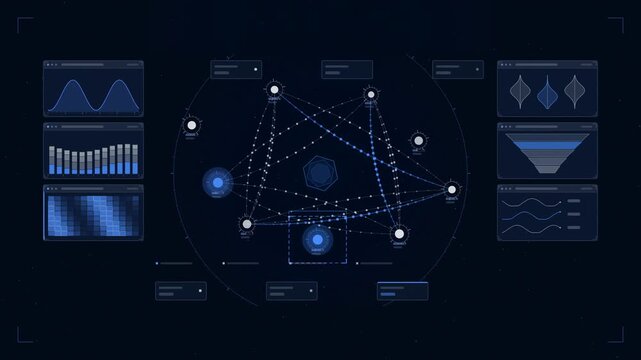 Abstract animated data flow global particle drawn as blue and cyan lines and shapes on a deep dark background. Seamless looping 4K motion graphics video with free space for text, ideal for technology 