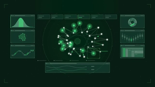 Abstract animated molecular network bonds reconfiguring drawn as green and teal lines and shapes on a deep dark background. Seamless looping 4K motion graphics video with free space for text, ideal fo