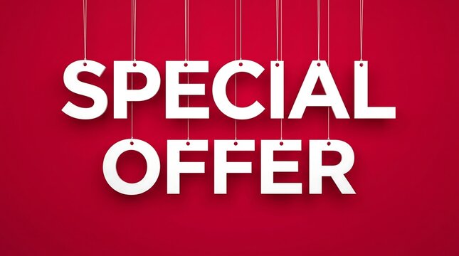 Special offer text hanging on strings, white bold letters on red background, promotional discount banner for retail marketing and sales events