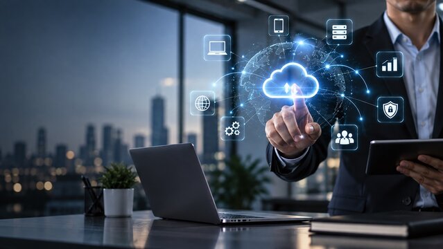 Businessman touching a glowing cloud computing icon surrounded by data and technology symbols in a modern office with a city skyline view