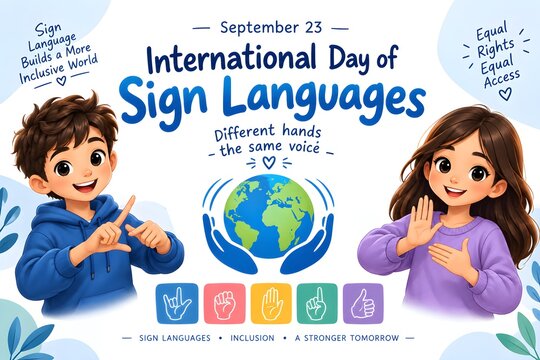 International day of sign languages poster design with hands and globe graphic illustration sign language hand gesture deaf community awareness day