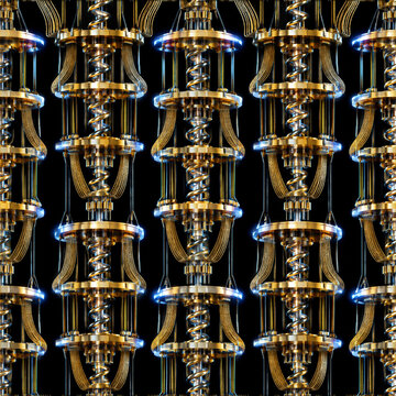 Quantum computer processor core with glowing blue lights, futuristic steampunk machinery background, complex brass and gold mechanical hardware