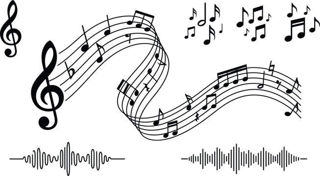 Musical Notes and Wavy Staff Vector Set with G Clef Symbols and Audio Soundwave Equalizer Elements for Concert, Podcast, and Audio Production Designs