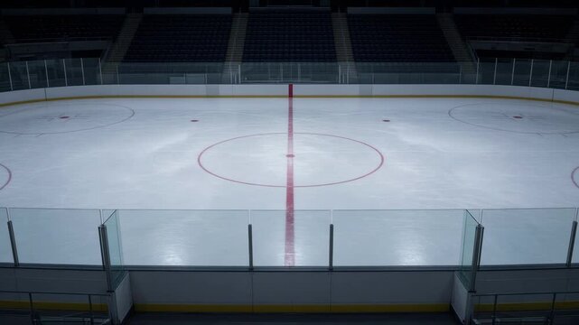 Empty indoor ice hockey rink with spectator seating