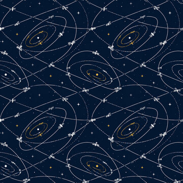 Celestial satellite orbit pattern, seamless space exploration background with planetary paths, dark blue cosmic map with stars and orbital lines