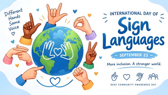 International day of sign languages poster design with hands and globe graphic illustration sign language hand gesture deaf community awareness day