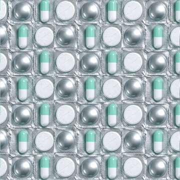 Medical pills and capsules in silver blister packs, pharmaceutical drug pattern background, healthcare medication and antibiotic tablets