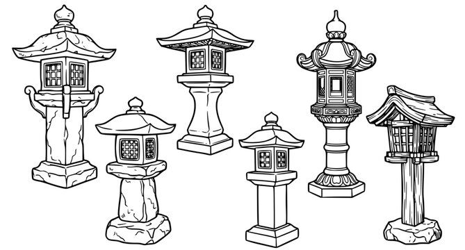 Hand Drawn Japanese Garden Lantern Architectural Sketch Set