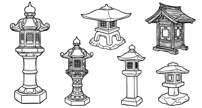 Hand Drawn Japanese Garden Lantern Architectural Sketch Set
