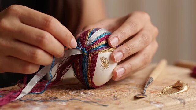 Woman decorating an Easter egg with colorful thread and ribbon, wrapping and tying a handmade ornament on a craft table