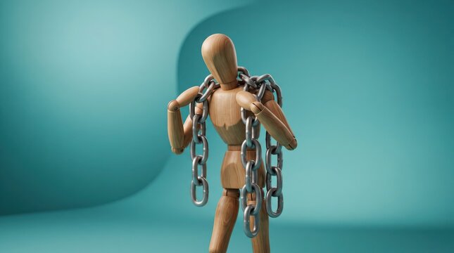 Wooden mannequin bound with metal chains
