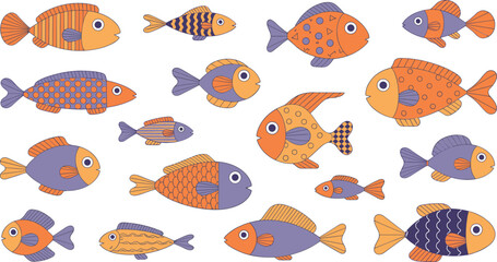 Fototapeta premium Cute Orange and Purple Fish Vector Set with Hand Drawn Textured Cartoon Marine Animals and Sea Creatures Isolated on White Background for Kids Designs