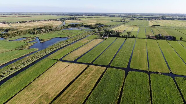 Drone flyover of polder meadows and canals and marshland in drone shot