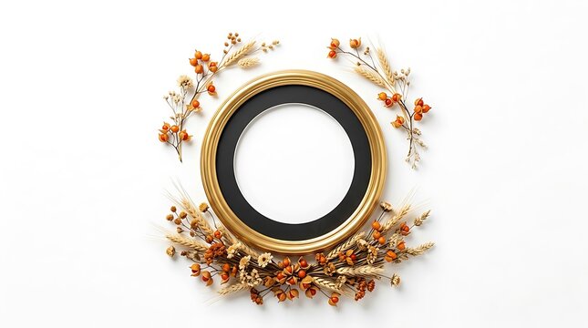 Autumn round gold frame mockup decorated with dried wheat ears berries and floral wreath isolated on white background