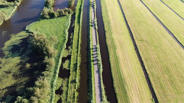 Aerial view of a canal and polder strips with a farm in the drone shot
