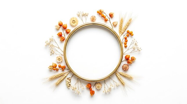 Autumn wreath circular gold frame with dried flowers wheat ears and physalis berries isolated on white background