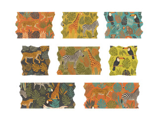 Fototapeta premium Set of jungle animal patterns with leopards, giraffes, zebras, toucans, and monkeys on tropical leaves isolated on transparent background
