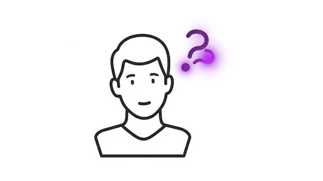 Animated man wondering with purple question mark symbol in this minimalist digital motion graphic video clip