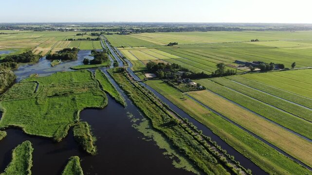 Aerial view of a Dutch farm and polder fields with canals drone shot