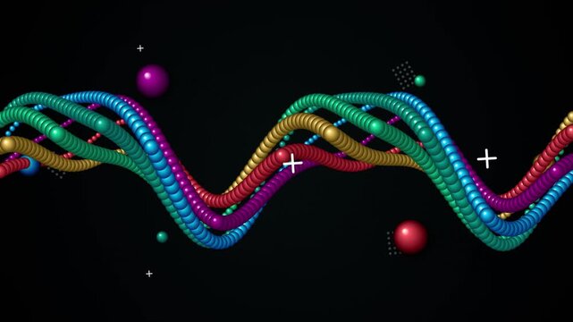 Abstract multi colored sphere strands moving in wave patterns against black background.