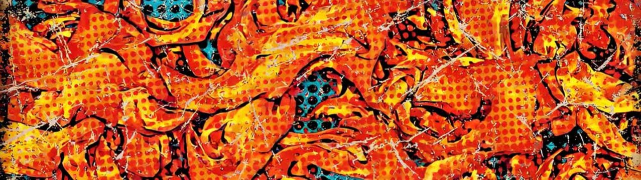 Pop art comic book style fire explosion abstract energy and heat concept vibrant orange and yellow flames with halftone dot pattern background motion element.